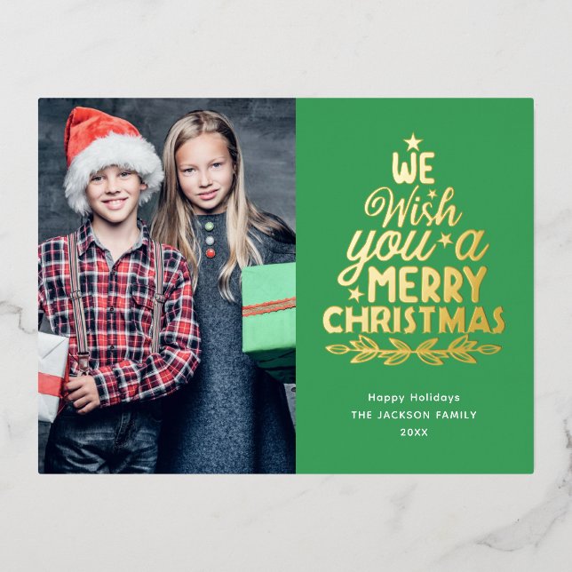 Merry Christmas 2 photos gold Foil Holiday Postcard (Front)