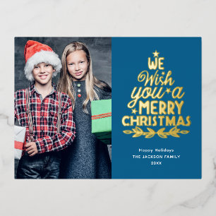 Merry Christmas 2 photos gold Foil Holiday Postcard