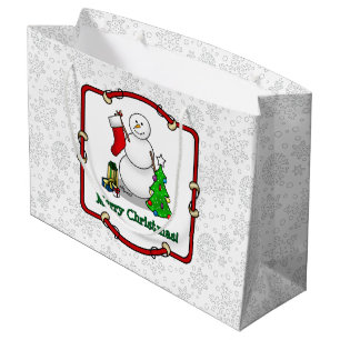 Merry Christmas 2 Tree Stocking Snowman Large Gift Bag