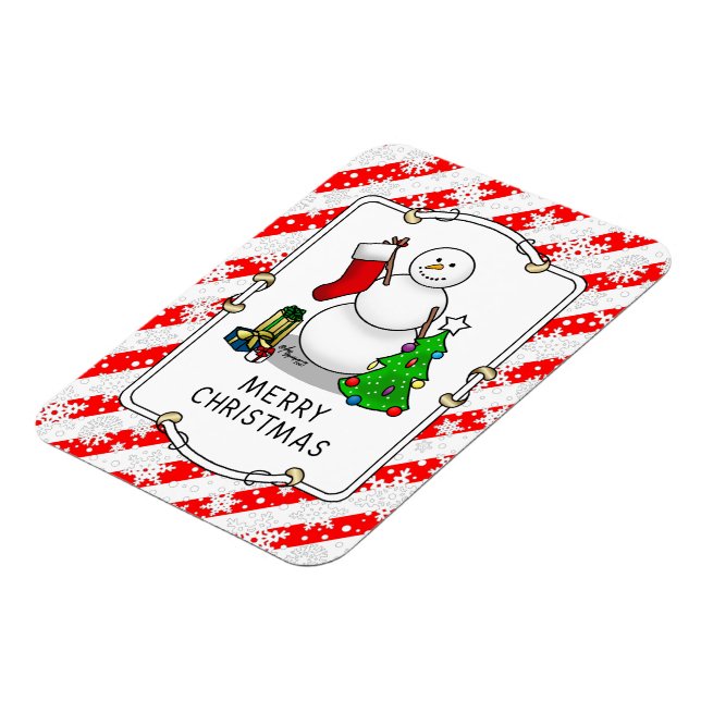 Merry Christmas 2 Tree Stocking Snowman Magnet (Left Side)
