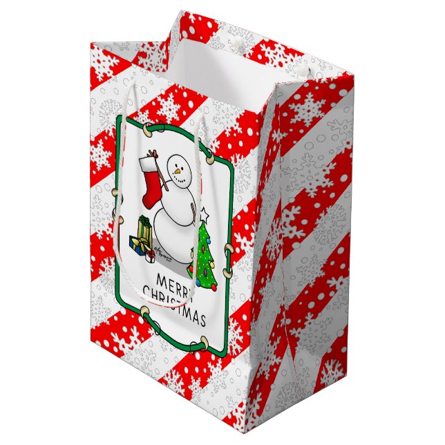 Merry Christmas 2 Tree Stocking Snowman Medium Gift Bag (Front Angled)
