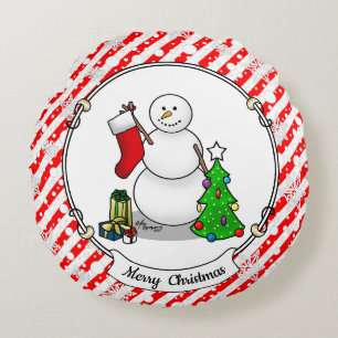 Merry Christmas 2 Tree Stocking Snowman Round Pillow