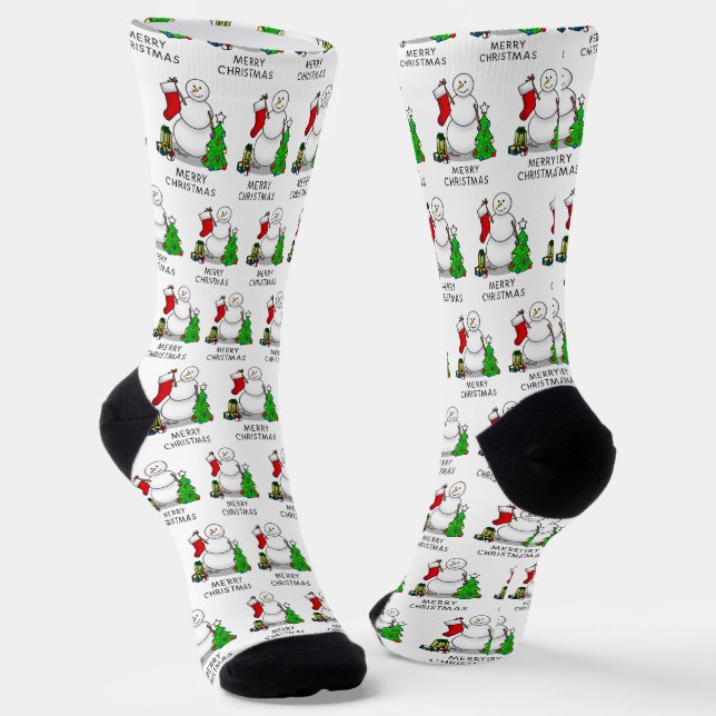 Merry Christmas 2 Tree Stocking Snowman Socks (Angled)