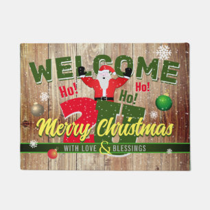 Merry Christmas 2U with Santa on Barn Wood WELCOME Doormat