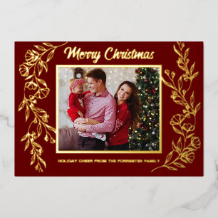 Merry Christmas  3 family Photo leaf art  Foil Holiday Card
