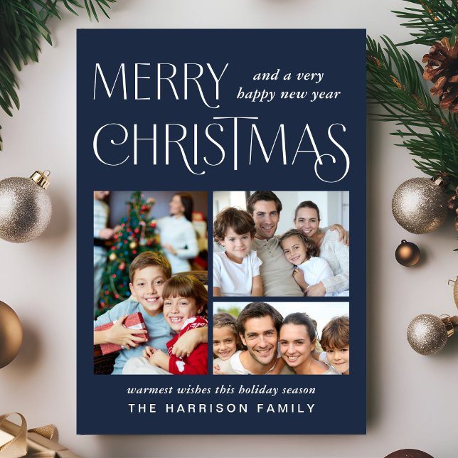 Merry Christmas 3 Photo Blue Holiday Card (This holiday season, let your family's smiles and heartwarming memories shine on our 3 photo card)