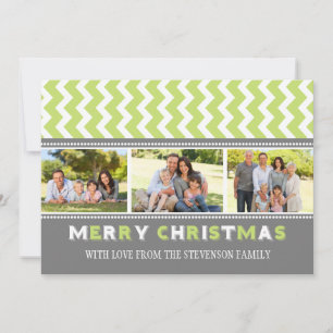 Merry Christmas 3 Photo Card Grey Green Chevron