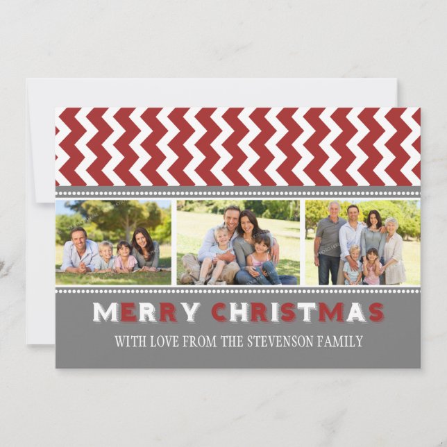 Merry Christmas 3 Photo Card Grey Red Chevron (Front)