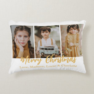 Merry Christmas 3 Photo Collage Gold Accent Pillow