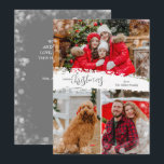 Merry Christmas 3 Photo Collage Holiday Card<br><div class="desc">Multi-photo Christmas holiday cards feature Merry Christmas in chic silver grey (not metallic) lettering on a splash of snow in the middle. Just upload three photos and add your family greeting and names on the back. Select High Definition for best photo quality.</div>