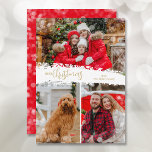 Merry Christmas 3 Photo Collage Holiday Card<br><div class="desc">Multi-photo Christmas holiday cards feature Merry Christmas in chic lettering on a splash of snow in the middle. Just upload three photos and add your family greeting and names on the back. *CHANGE the colour on the back with our Editing Tool. Select High Definition for best photo quality.</div>