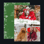 Merry Christmas 3 Photo Collage Holiday Card<br><div class="desc">Multi-photo Christmas holiday cards feature Merry Christmas in chic green lettering on a splash of snow in the middle. Just upload three photos and add your family greeting and names on the back. Select High Definition for best photo quality.</div>
