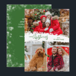 Merry Christmas 3 Photo Collage Holiday Card<br><div class="desc">Multi-photo Christmas holiday cards feature Merry Christmas in chic green lettering on a splash of snow in the middle. Just upload three photos and add your family greeting and names on the back. Select High Definition for best photo quality.</div>