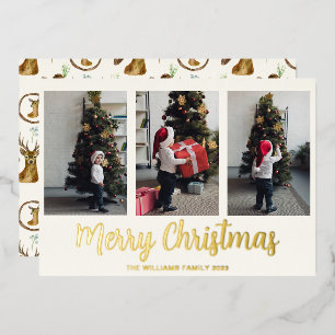 Merry Christmas 3 Photo Collage Real Gold Foil Holiday Card