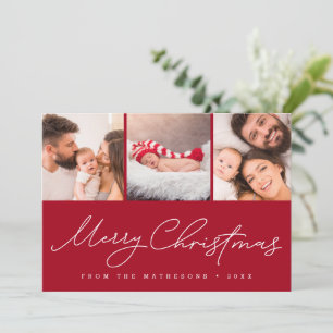 Merry Christmas 3 Photo Family Red Custom Holiday Card
