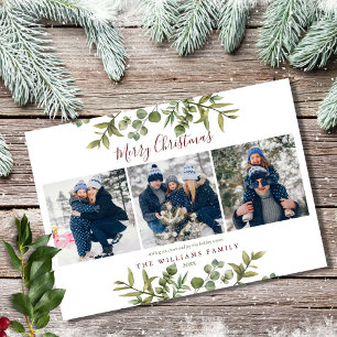 Merry Christmas 3 Photo Greenery Burgundy Holiday Card
