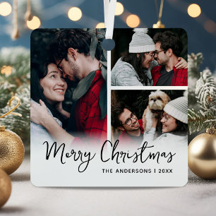 Merry Christmas 3 Photo Keepsake Metal Ornament