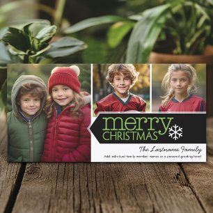 Merry Christmas - 3 photos - black white green Holiday Card