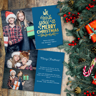 Merry Christmas 3 photos blue family Foil Holiday Card