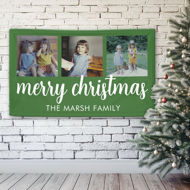 Merry Christmas 3 Photos - Can CHANGE green Banner (Custom Christmas Holiday Banner)