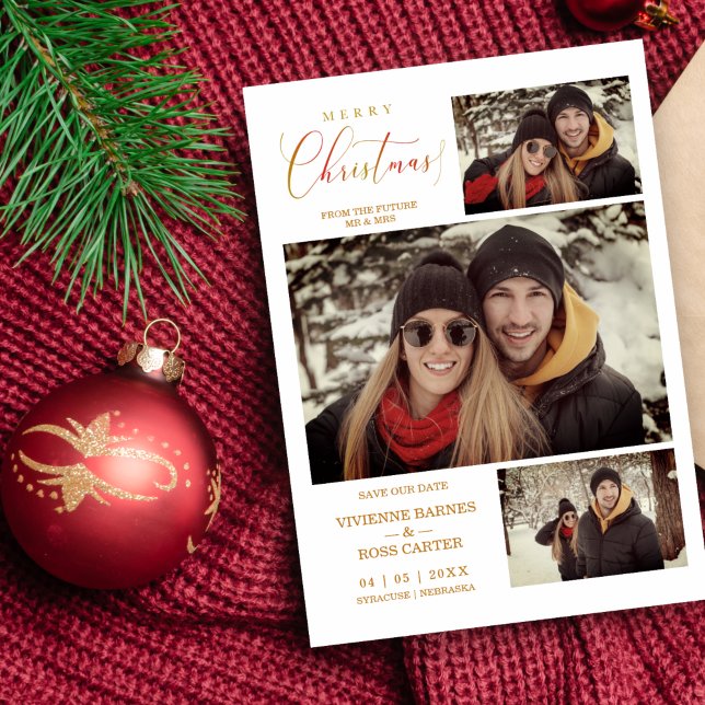 Merry Christmas 3 Photos Collage Elegant Script  Save The Date (Creator Uploaded)