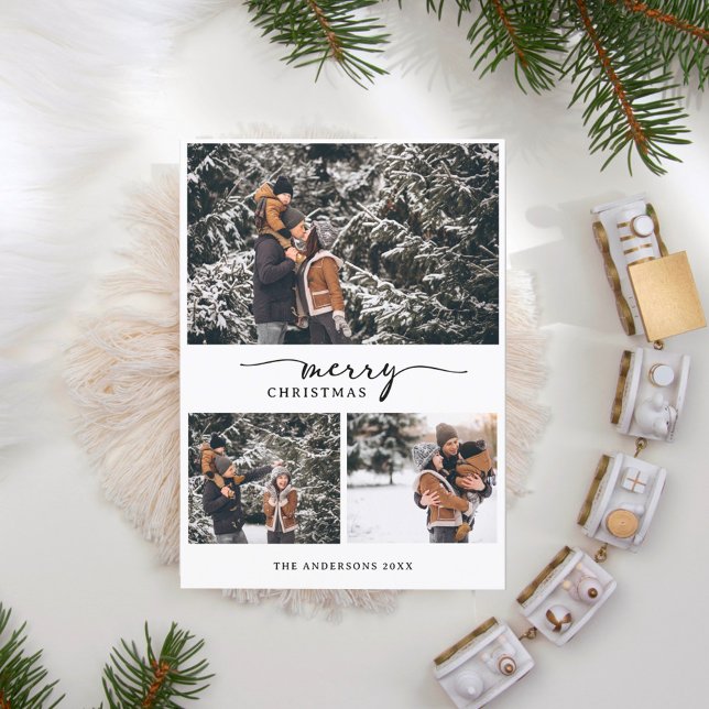 Merry Christmas 3 Photos Collage Modern Script Holiday Card (Creator Uploaded)