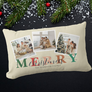 Merry Christmas 3 Photos Custom Family Name Lumbar Pillow
