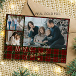 Merry Christmas 3 photos elegant script red plaid  Foil Holiday Card<br><div class="desc">Elegant stylish Merry Christmas real gold foil classic calligraphy script three family photo collage red green plaid tartan rustic luxury holiday card with your custom personalized text on both sides.        The foil colour is changeable - you can choose gold,  silver,  or rose gold.</div>