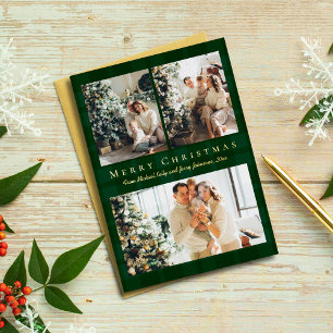 merry christmas 3 photos green buffalo plaid gold  foil holiday card