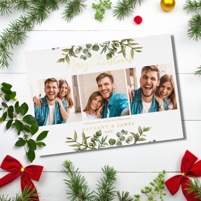 Merry Christmas 3 Photos Greenery Gold Foil Holiday Card (Creator Uploaded)