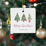 Merry Christmas, 3 Tree  Ceramic Ornament<br><div class="desc">Simple Christmas decoration. Design features 3 watercolor christmas trees,  the title 'Merry Christmas' in fesetive red calligraphy script and family name.</div>