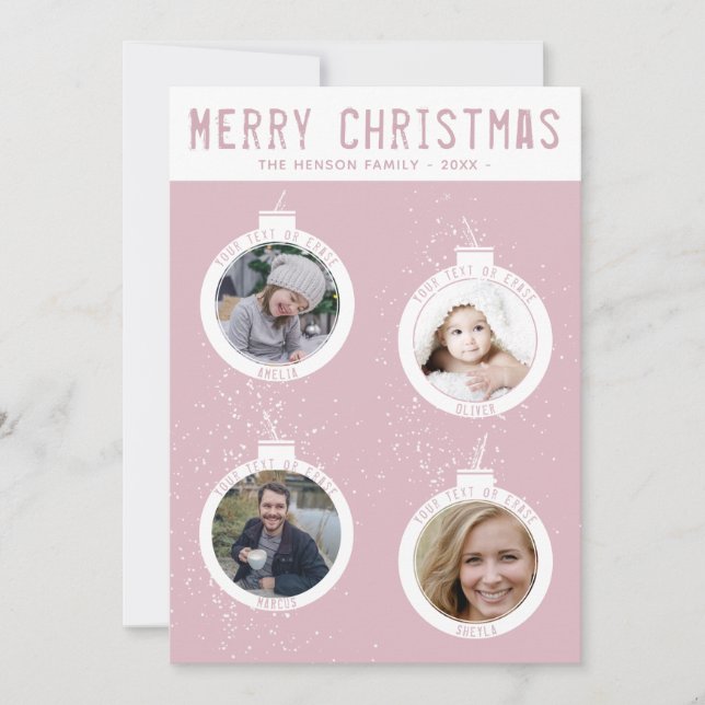 Merry Christmas 4 Balls Pink Family Photo Collage Holiday Card (Front)