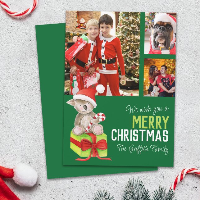 Merry Christmas 4 photo bear gift box green Holiday Card (Creator Uploaded)