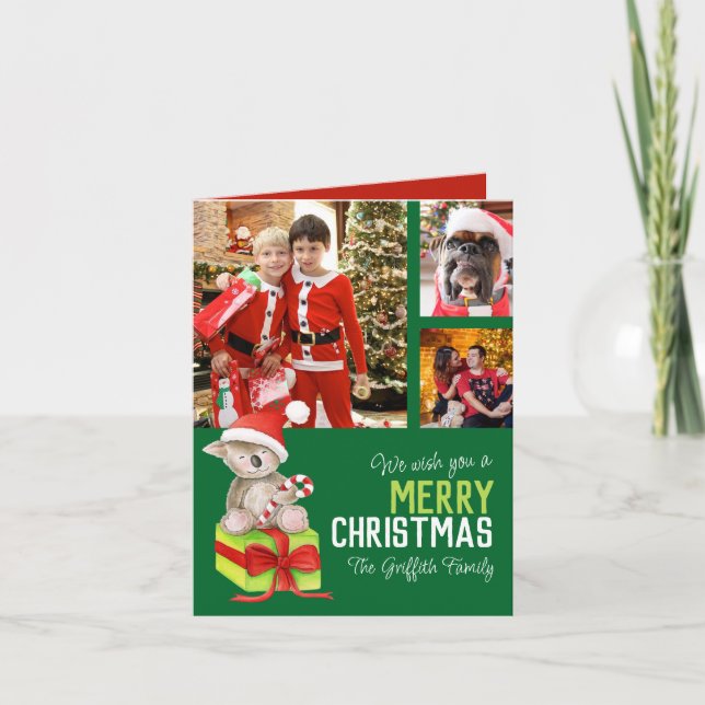 Merry Christmas 4 photo bear gift box green Holiday Card (Front)