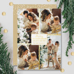 Merry Christmas 4 Photo Collage Gold Foil Holiday Card<br><div class="desc">Real foil Christmas greeting cards feature your last name and the greeting Merry Christmas and Happy New Year in chic real gold foil lettering with your favourite 4 photo collage bordered in real gold foil on the front and your first names on the back. The Live Design Service can help...</div>