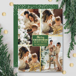Merry Christmas 4 Photo Collage Gold Foil Holiday Card<br><div class="desc">Real foil Christmas greeting cards feature your last name and the greeting Merry Christmas and Happy New Year in chic real gold foil lettering on green with your favourite 4 photo collage bordered in real foil on the front and your first names on the back. The Live Design Service can...</div>