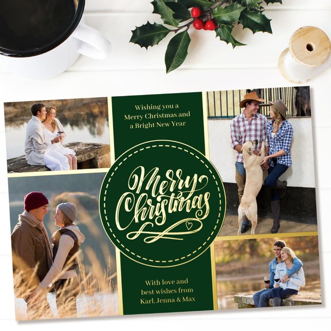 Merry Christmas 4 Photo Collage Green and Gold Foil Holiday Card (Creator Uploaded)