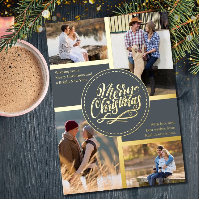 Merry Christmas 4 Photo Collage Grey and Gold Foil Holiday Card (Creator Uploaded)