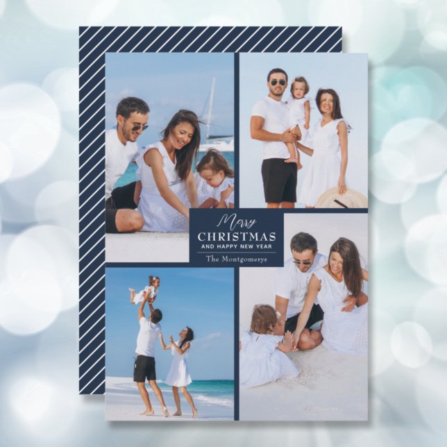 Merry Christmas 4 Photo Collage Navy Blue Holiday Card (Creator Uploaded)