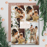 Merry Christmas 4 Photo Collage Rose Gold Foil Holiday Card<br><div class="desc">Real foil Christmas greeting cards feature your last name and the greeting Merry Christmas and Happy New Year in chic real rose gold foil lettering with your favourite 4 photo collage bordered in real rose gold foil on the front and your first names on the back. The Live Design Service...</div>