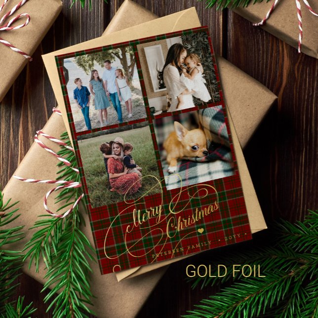 Merry Christmas 4 photo collage script red tartan Foil Holiday Card (Creator Uploaded)