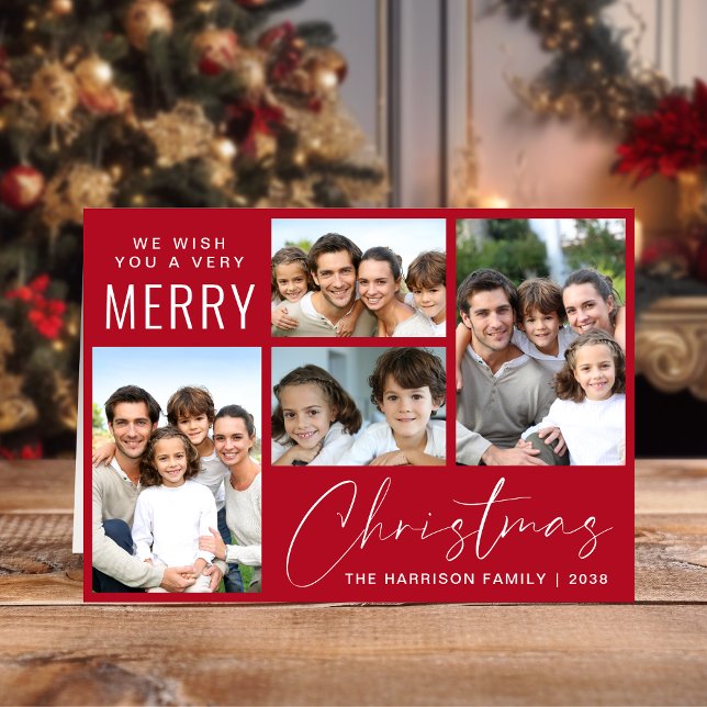 Merry Christmas 4 Photo Script Red Holiday Card (This holiday season, let your family's smiles and heartwarming memories shine on our 4 photo card)