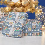 Merry Christmas 4 Photos Dusty Blue Wrapping Paper<br><div class="desc">This Christmas gift wrapping paper will add a fun personalized touch to your gift giving. The design offers 4 square photo frames and the text: Merry Christmas on a dusty blue background. The design is accented with small green and white trees.</div>