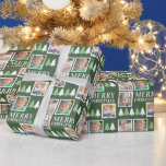 Merry Christmas 4 Photos Green Christmas  Wrapping Paper<br><div class="desc">This Christmas gift wrapping paper will add a fun personalized touch to your gift giving. The design offers 4 square photo frames and the text: Merry Christmas on a dark green background. The design is accented with small green and white trees.</div>