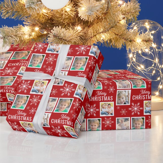 Merry Christmas 4 Photos Snowflake Christmas Red Wrapping Paper (Holidays)