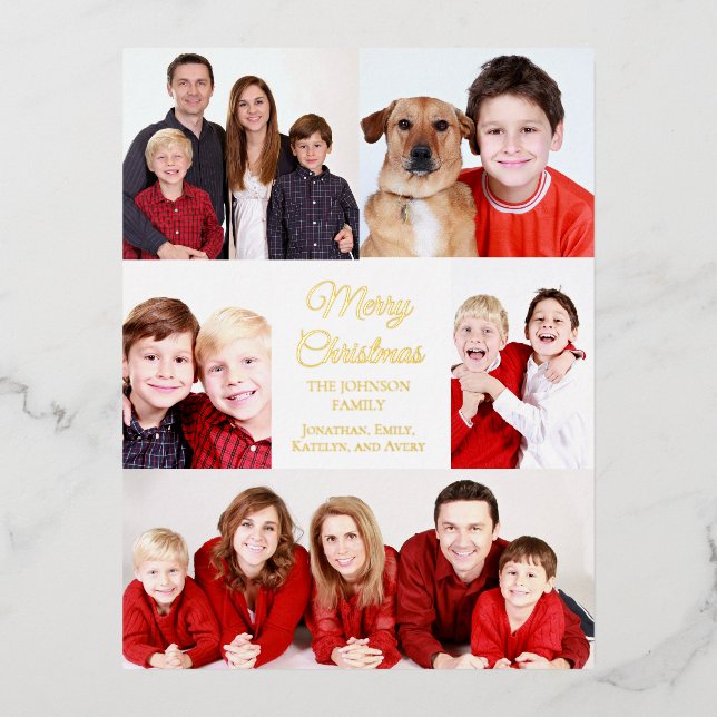 Merry Christmas 5 Photo Collage Elegant Gold Foil Holiday Postcard (Front)