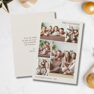 Merry Christmas 5 Photo Collage Family Neutral Holiday Card