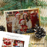 Merry Christmas 5 photo collage gold Foil Holiday Card<br><div class="desc">Simple minimal stylish five custom family photos "Merry Christmas and A Happy New Year" (changeable) typography script text overlay horizontal Christmas holiday card template with a real gold foil frame and snowflakes. Easy to personalize with your pictures, text, name signature, and wishes on both sides! Please note that the foil...</div>