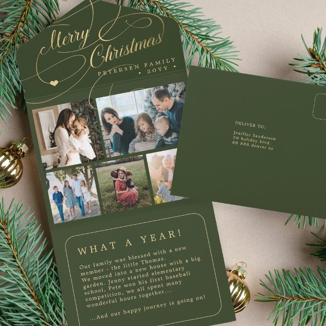 Merry Christmas 5 photo collage rustic green card (Creator Uploaded)