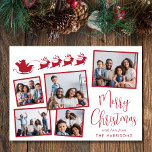 Merry Christmas 5 Photo Collage Santa Sleigh Holiday Card<br><div class="desc">Festive holiday card featuring a 5 photo collage of scattered pictures in red frames,  a red silhouette of reindeers flying Santa's sleigh,  "Merry Christmas" in a stylish red script and your name in simple modern red typography.</div>